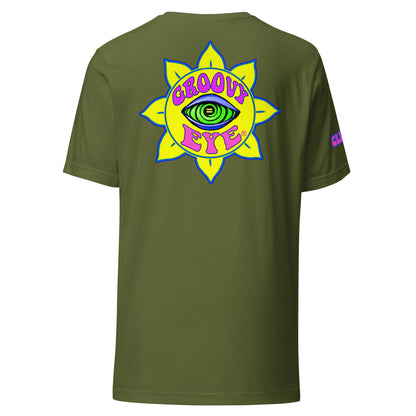 Temple of the Groovy Eye unisex t-shirt — Olive, back view with groovy art