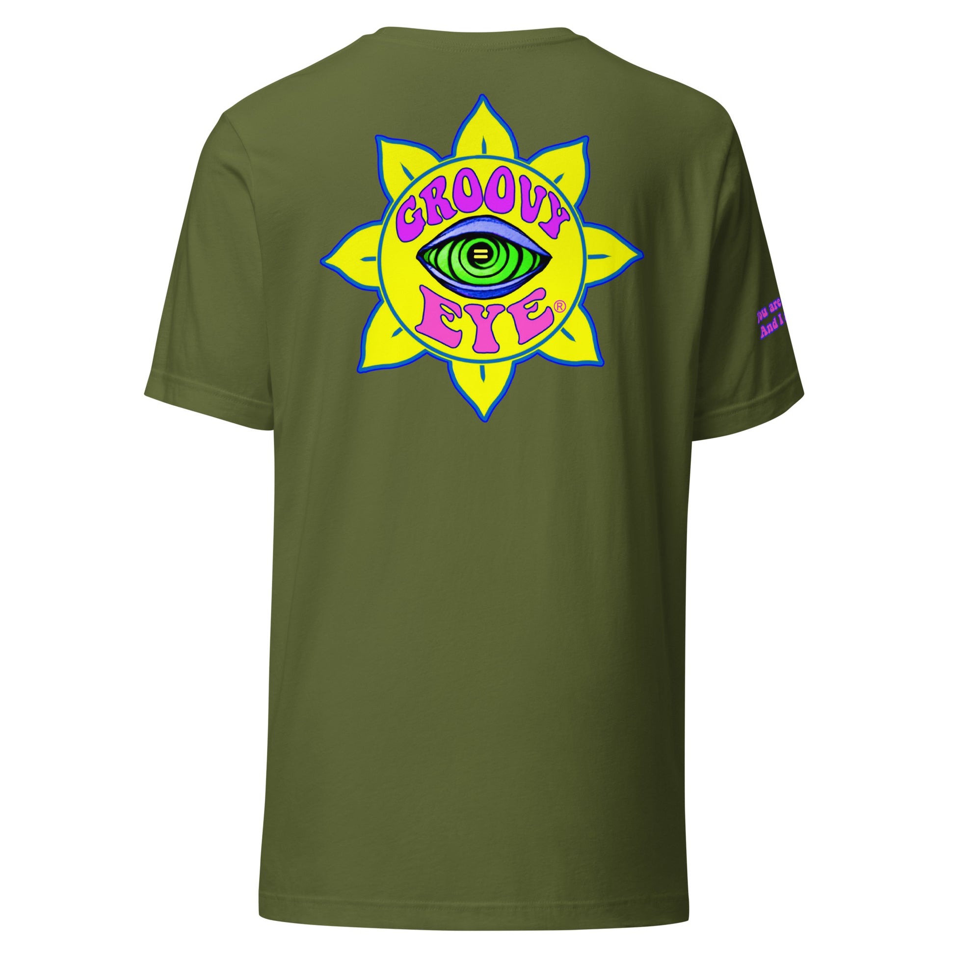 Temple of the Groovy Eye unisex t-shirt — Olive, back view with groovy art