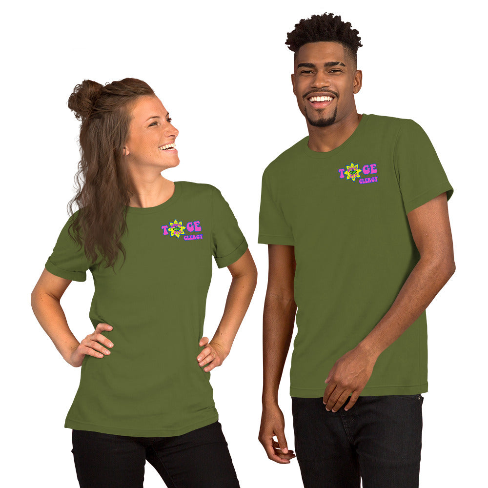 TOGE Clergy unisex t-shirt — Olive, modeled by man and woman couple