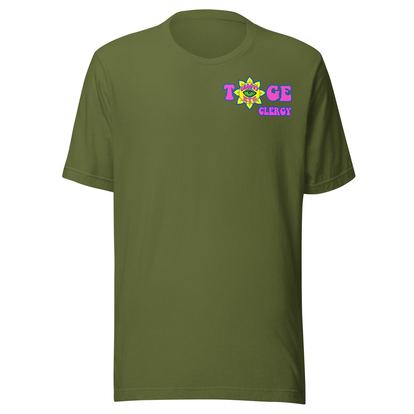 TOGE Clergy unisex t-shirt — Olive, ghost mannequin front view