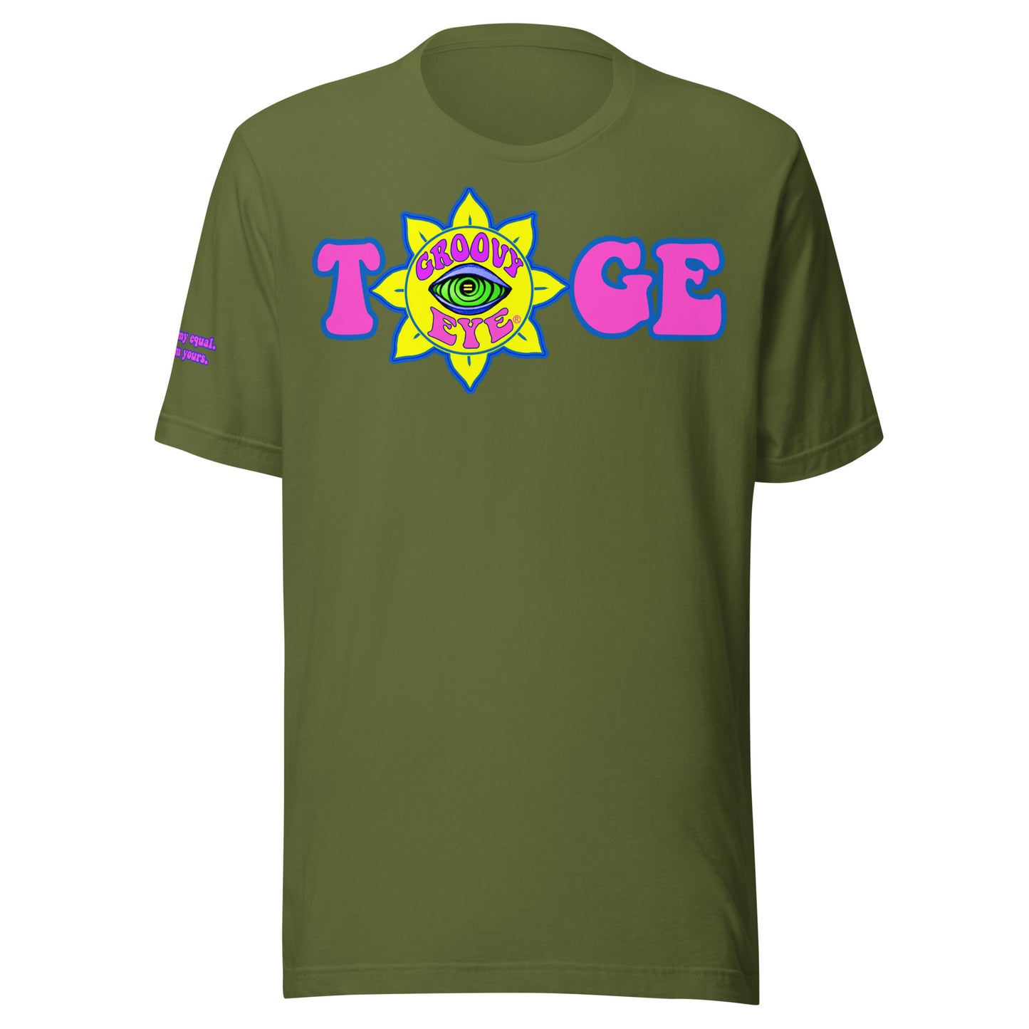 Big TOGE unisex t-shirt — Olive, modeled by man and woman couple