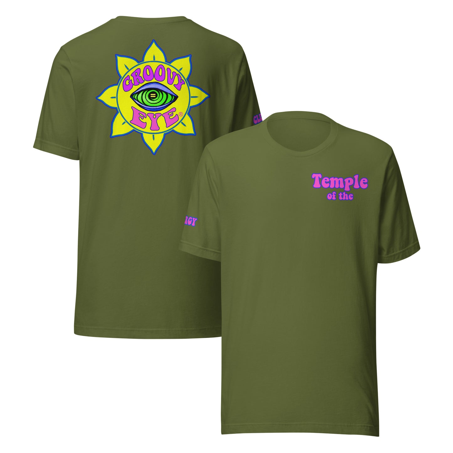 Temple of the Groovy Eye unisex t-shirt — Olive, front and back view