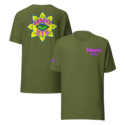 Temple of the Groovy Eye unisex t-shirt — Olive, front and back view