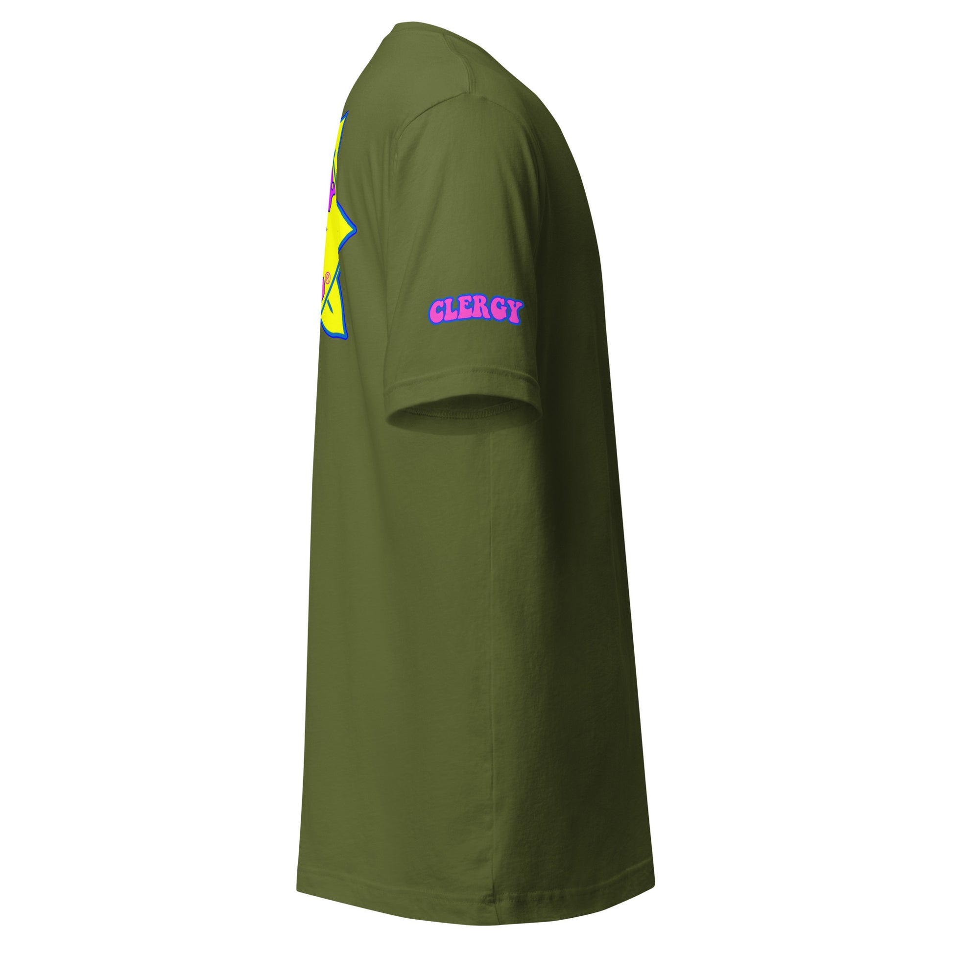 Temple of the Groovy Eye unisex t-shirt — Olive, right side with clergy sleeve detail
