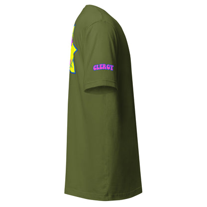Temple of the Groovy Eye unisex t-shirt — Olive, right side with clergy sleeve detail