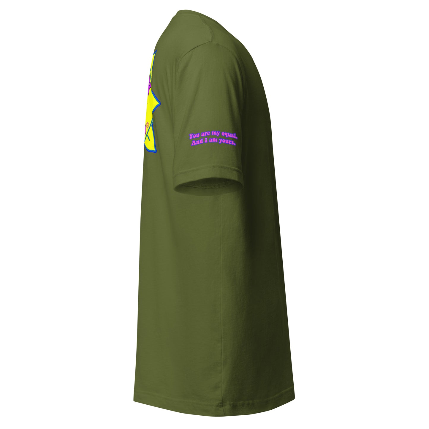 Temple of the Groovy Eye unisex t-shirt — Olive, right side with Declaration of Truth sleeve detail