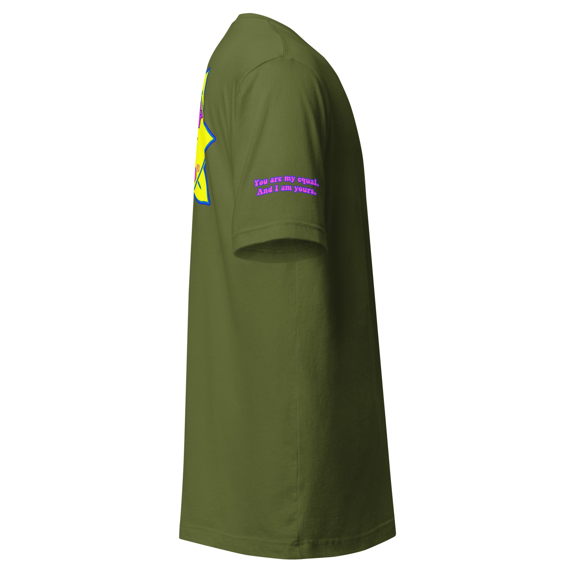 Temple of the Groovy Eye unisex t-shirt — Olive, right side with Declaration of Truth sleeve detail