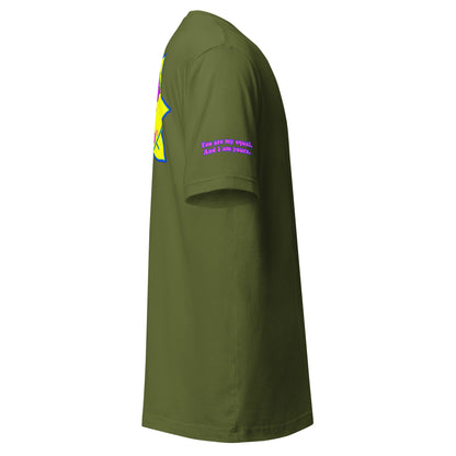 Temple of the Groovy Eye unisex t-shirt — Olive, right side with Declaration of Truth sleeve detail