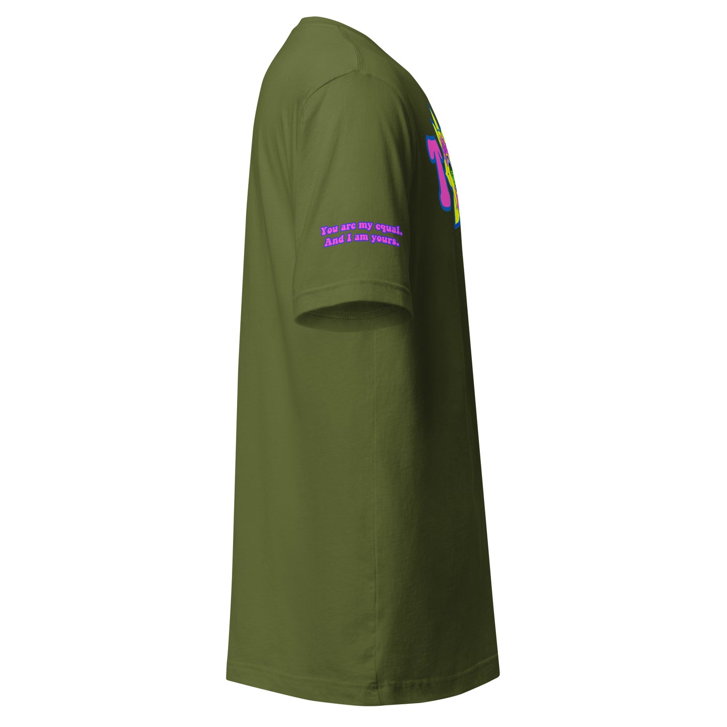 Big TOGE unisex t-shirt — Olive, right side with Declaration of Truth sleeve detail