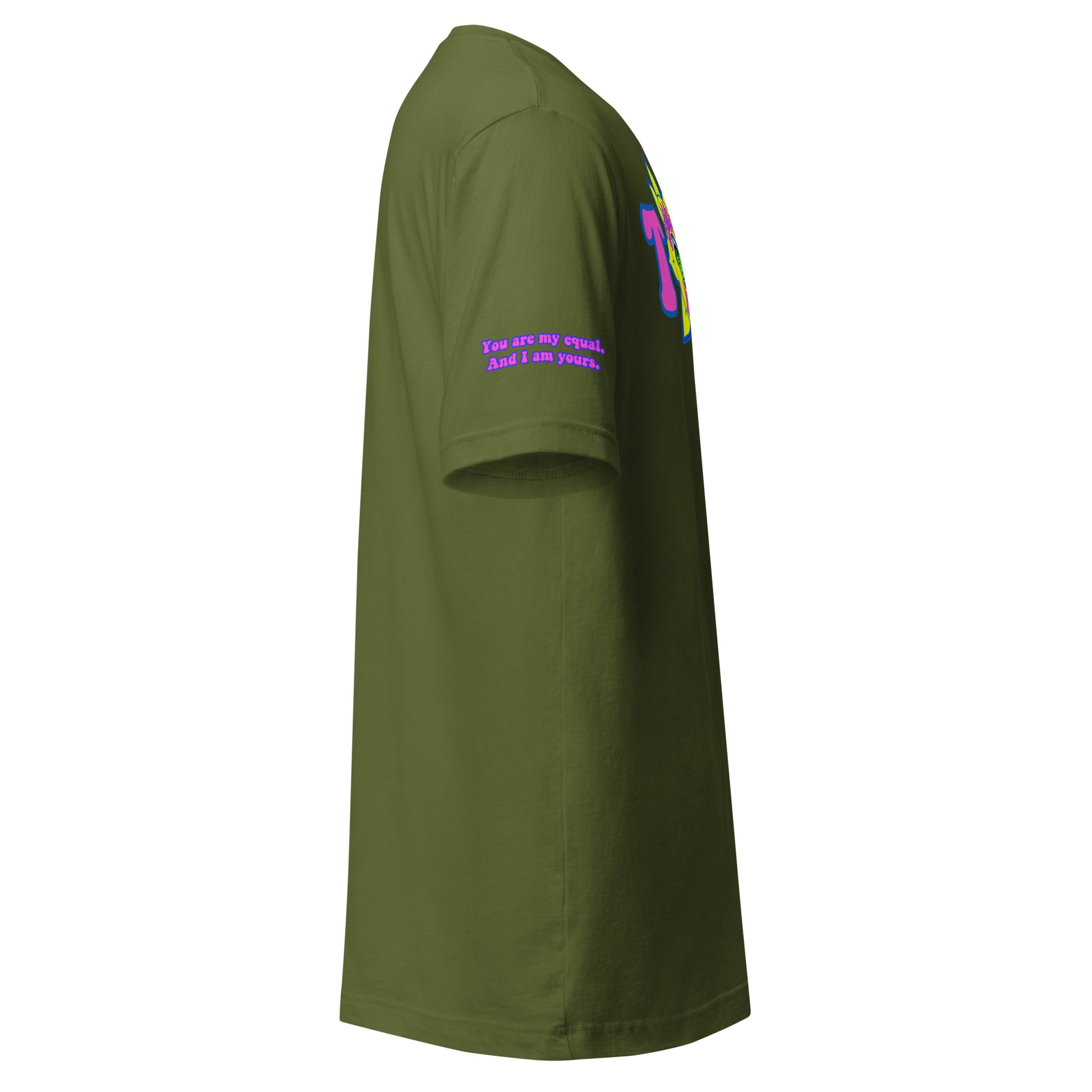 Big TOGE unisex t-shirt — Olive, right side with Declaration of Truth sleeve detail