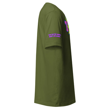 Big TOGE unisex t-shirt — Olive, right side with Declaration of Truth sleeve detail