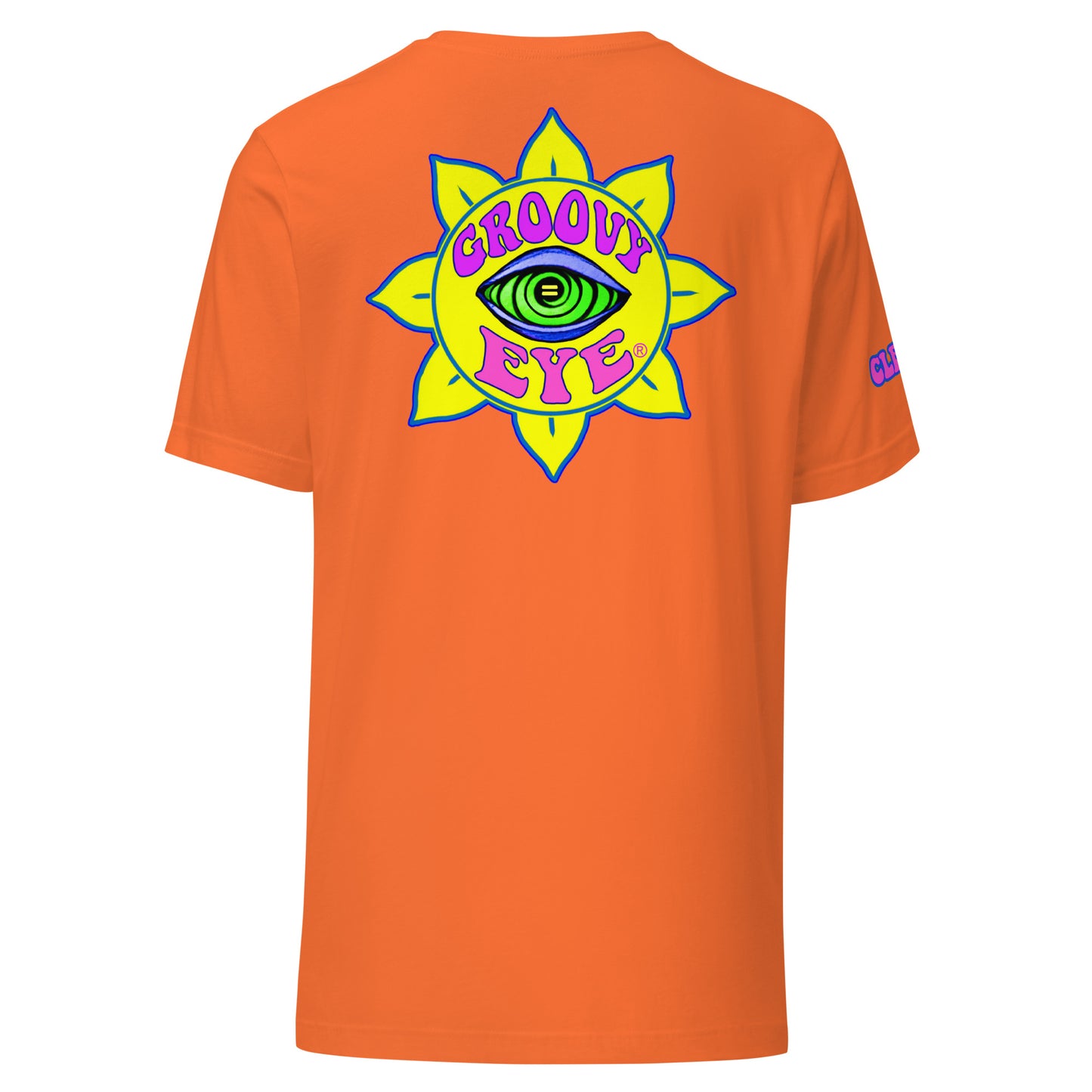 Temple of the Groovy Eye unisex t-shirt — Orange, back view with groovy art