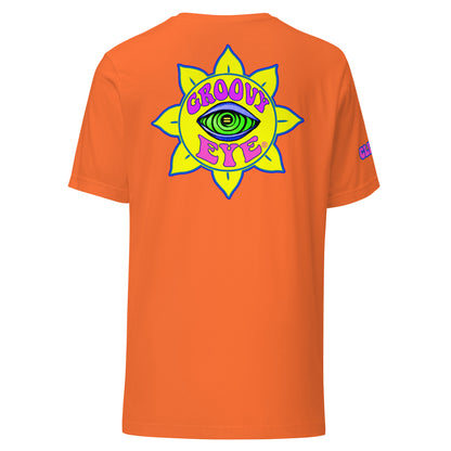 Temple of the Groovy Eye unisex t-shirt — Orange, back view with groovy art