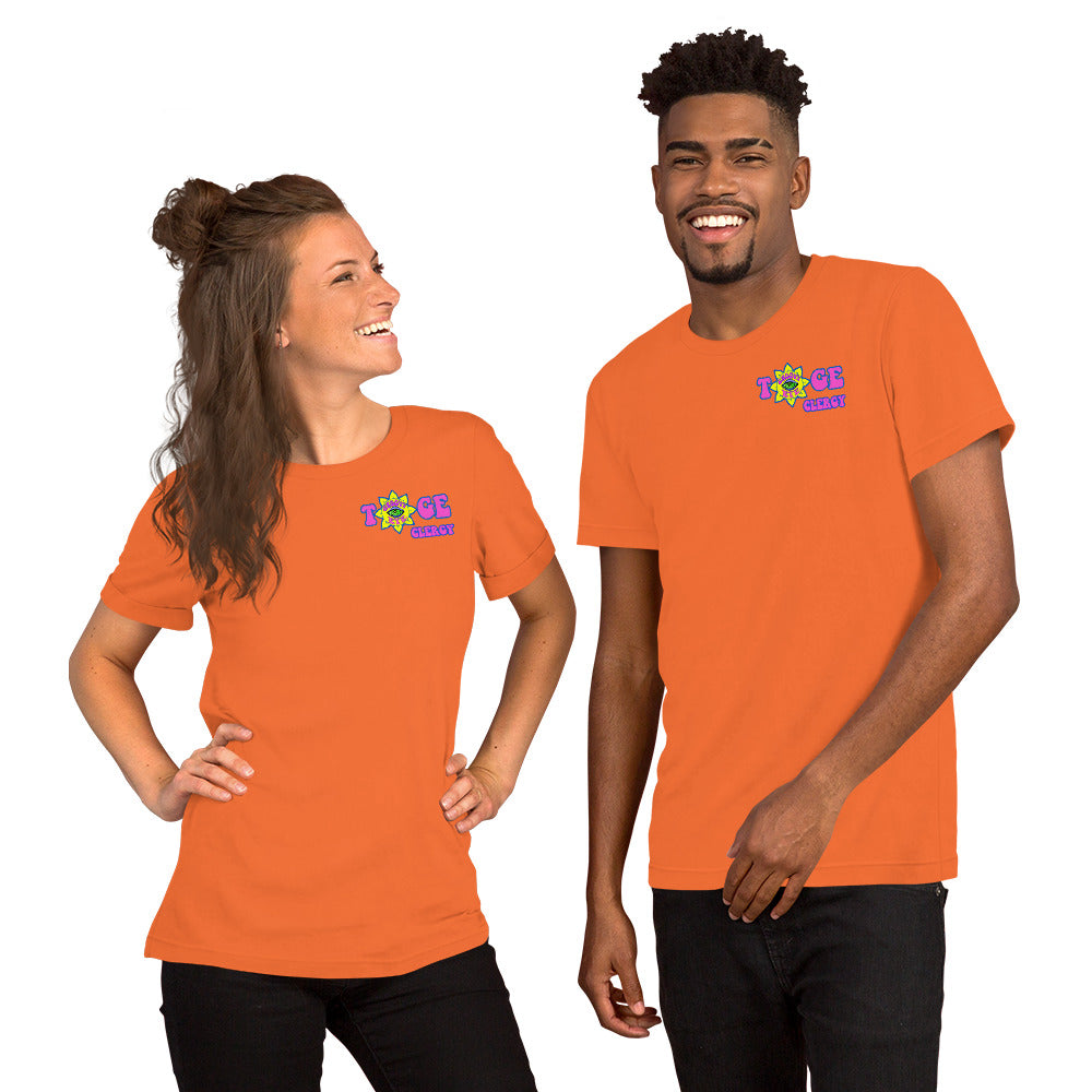TOGE Clergy unisex t-shirt — Orange, modeled by man and woman couple