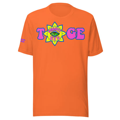 Big TOGE unisex t-shirt — Orange, modeled by man and woman couple