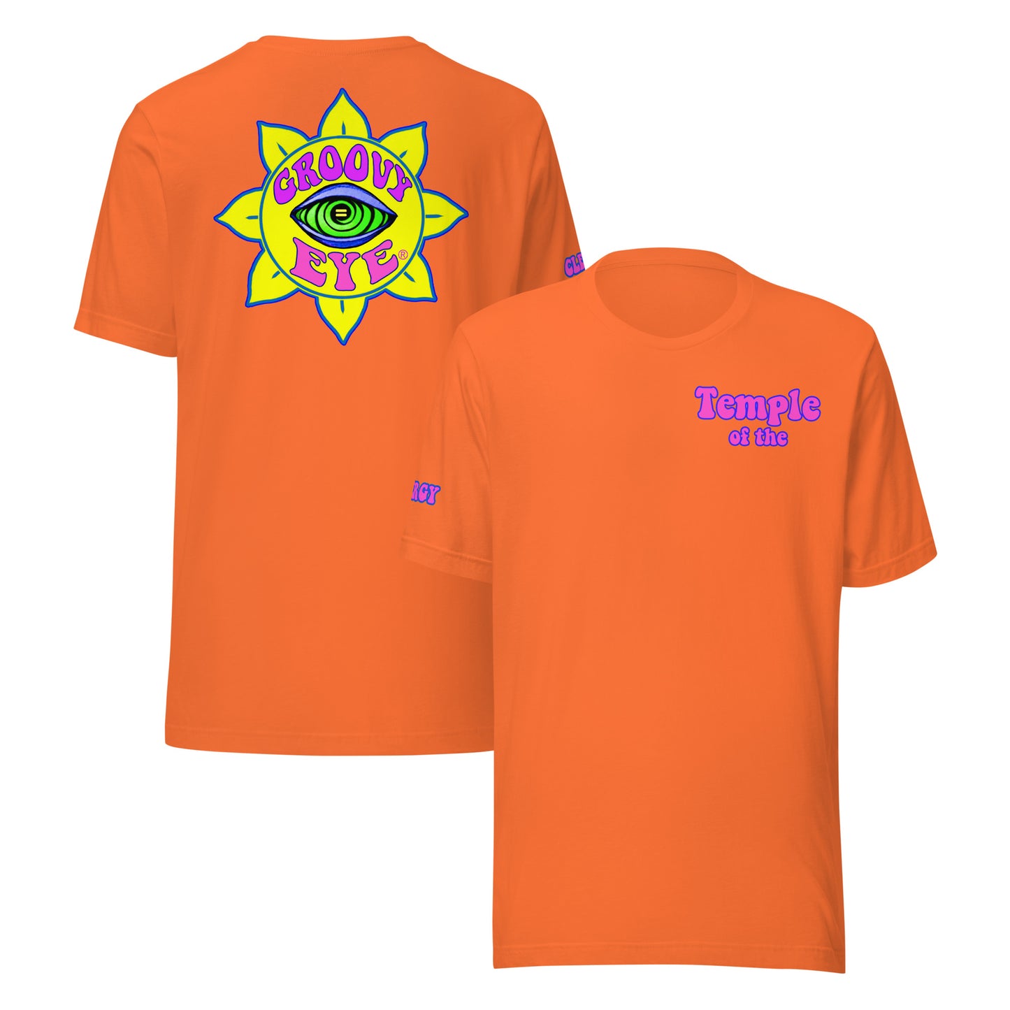 Temple of the Groovy Eye unisex t-shirt — Orange, front and back view