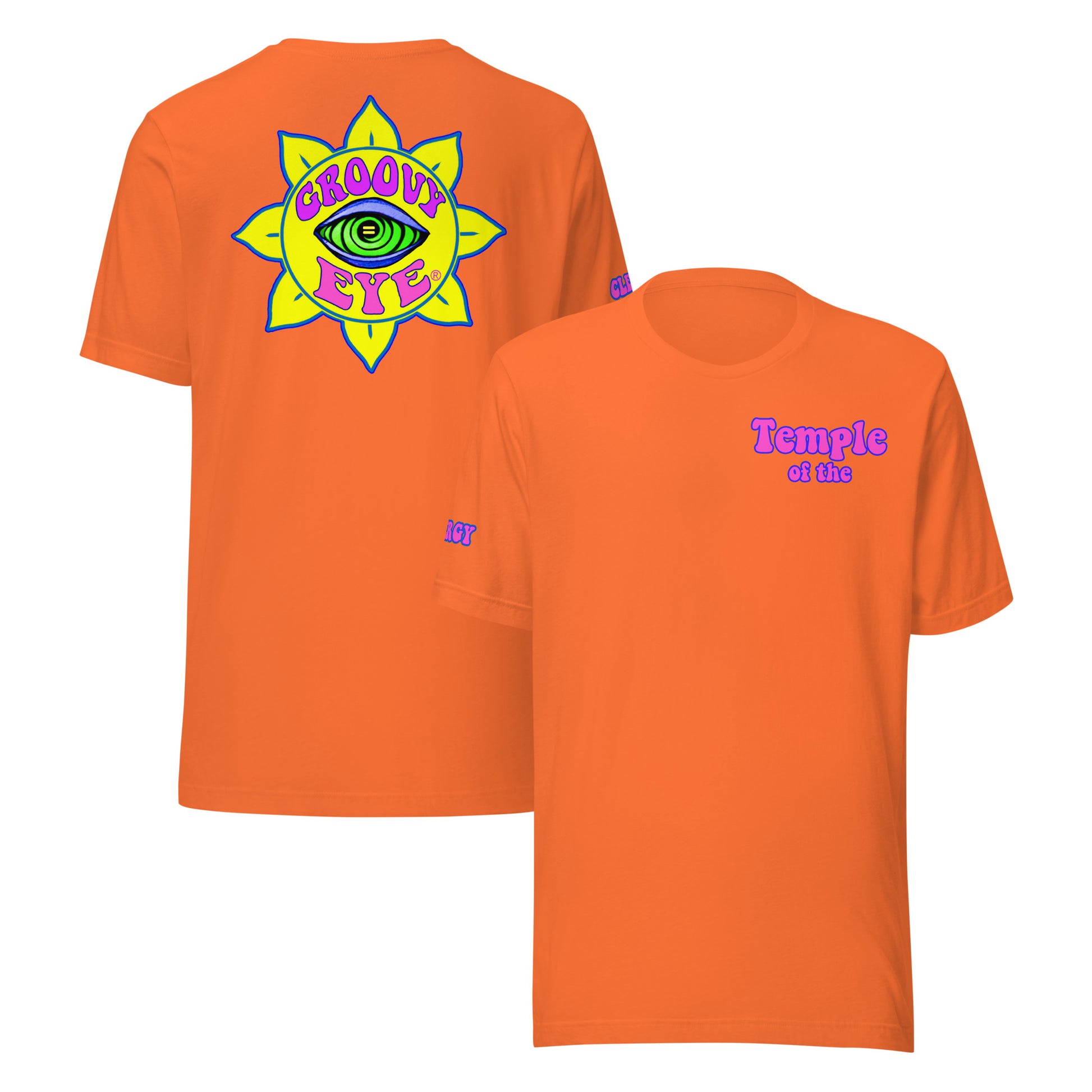 Temple of the Groovy Eye unisex t-shirt — Orange, front and back view