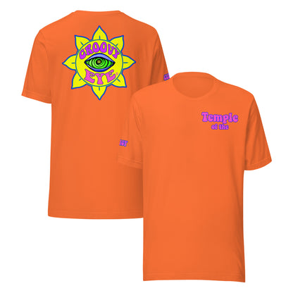 Temple of the Groovy Eye unisex t-shirt — Orange, front and back view