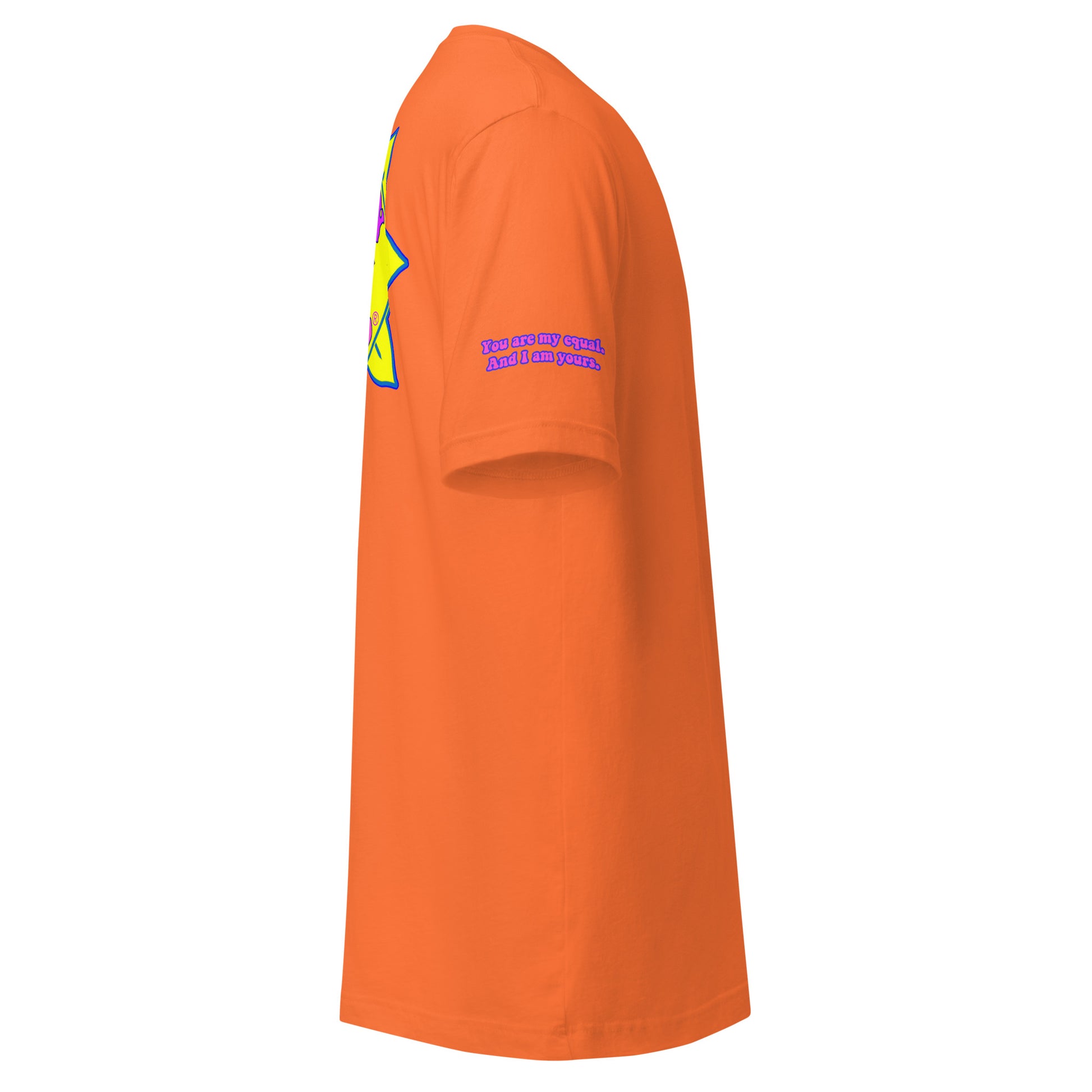 Temple of the Groovy Eye unisex t-shirt — Orange, right side with Declaration of Truth sleeve detail