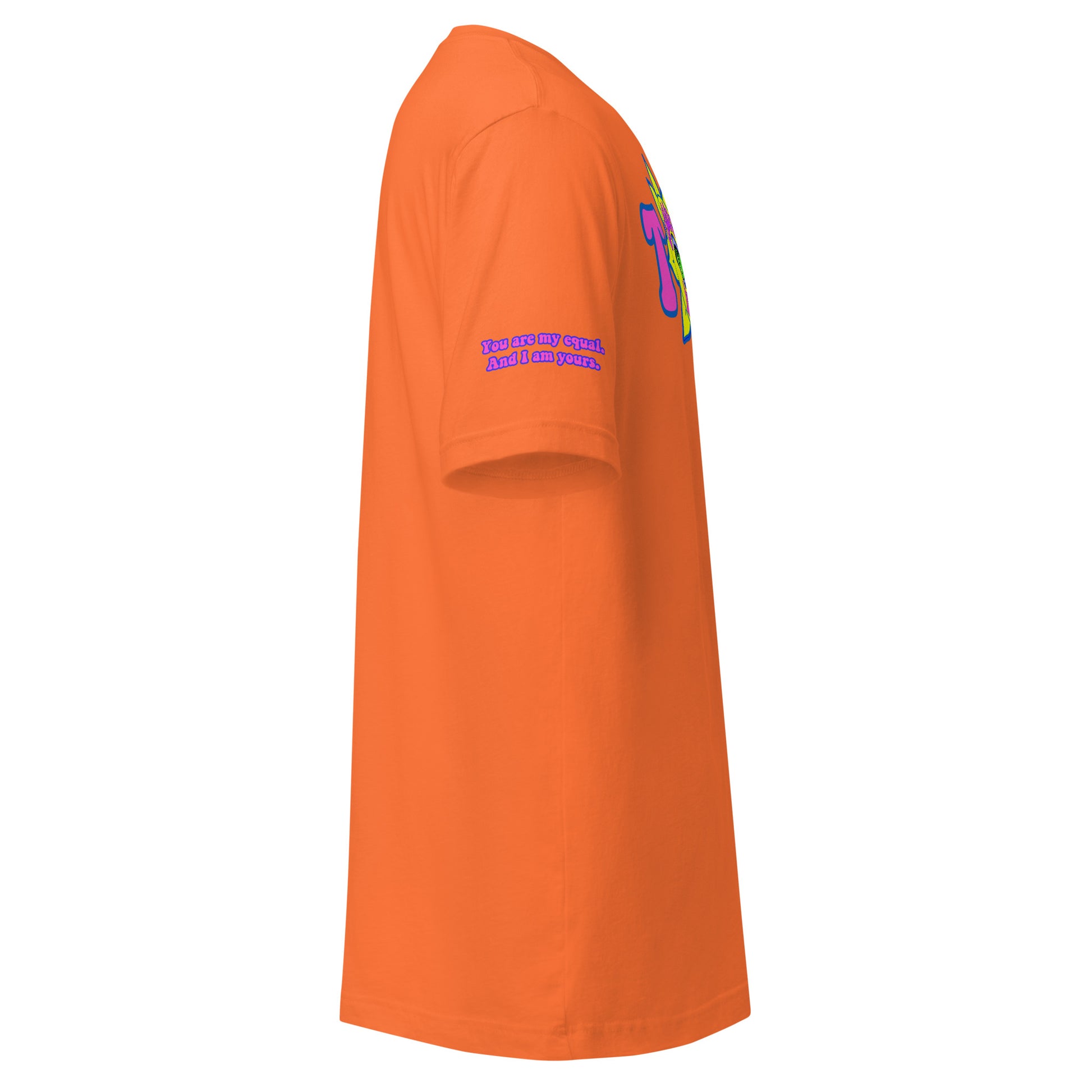 Big TOGE unisex t-shirt — Orange, right side with Declaration of Truth sleeve detail