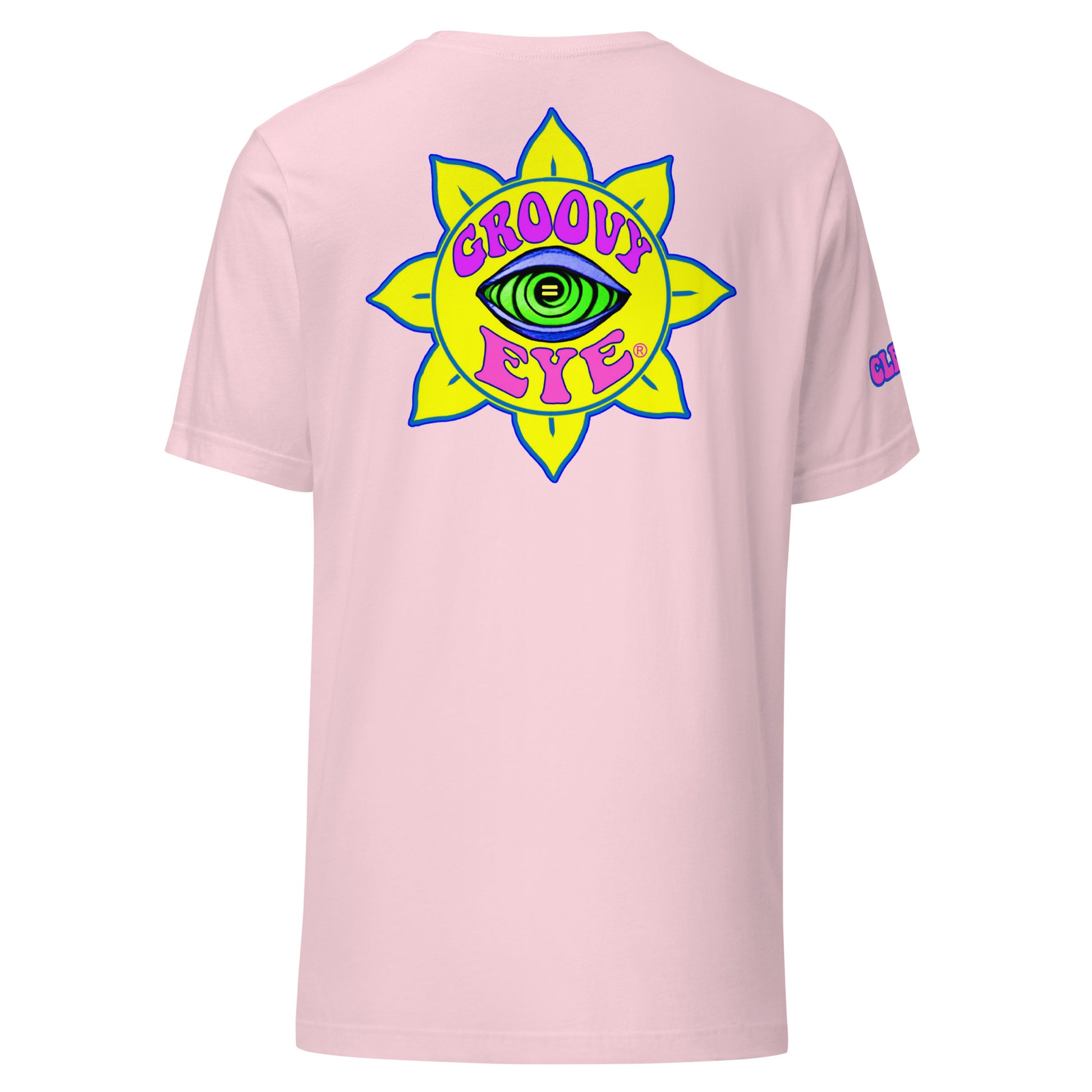 Temple of the Groovy Eye unisex t-shirt — Soft Pink, back view with groovy art