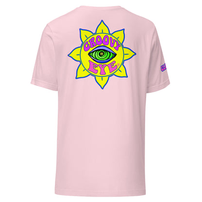Temple of the Groovy Eye unisex t-shirt — Soft Pink, back view with groovy art