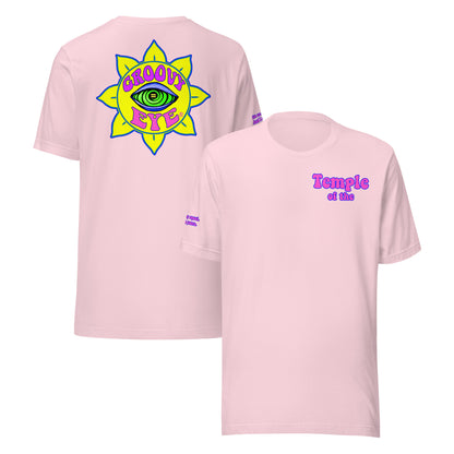 Temple of the Groovy Eye unisex t-shirt — Soft Pink, front and back view