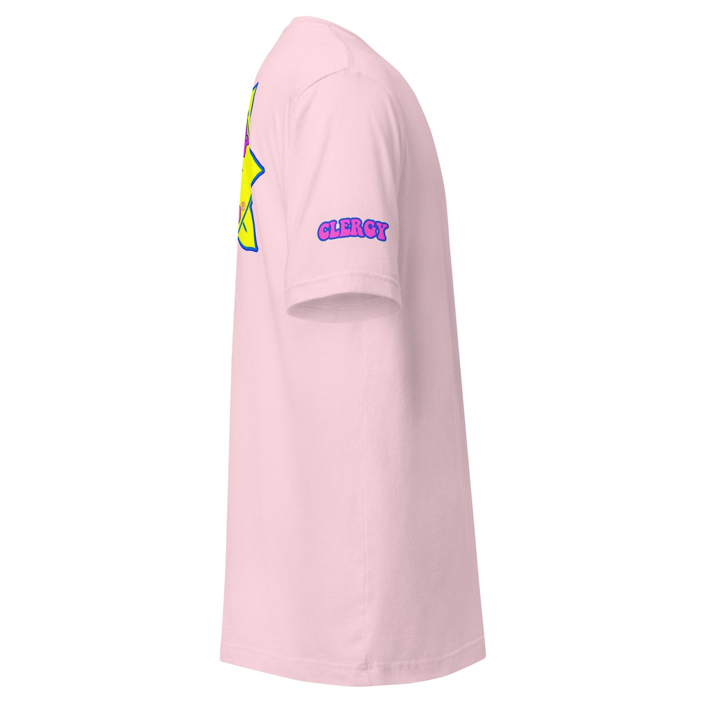 Temple of the Groovy Eye unisex t-shirt — Soft Pink, right side with clergy sleeve detail