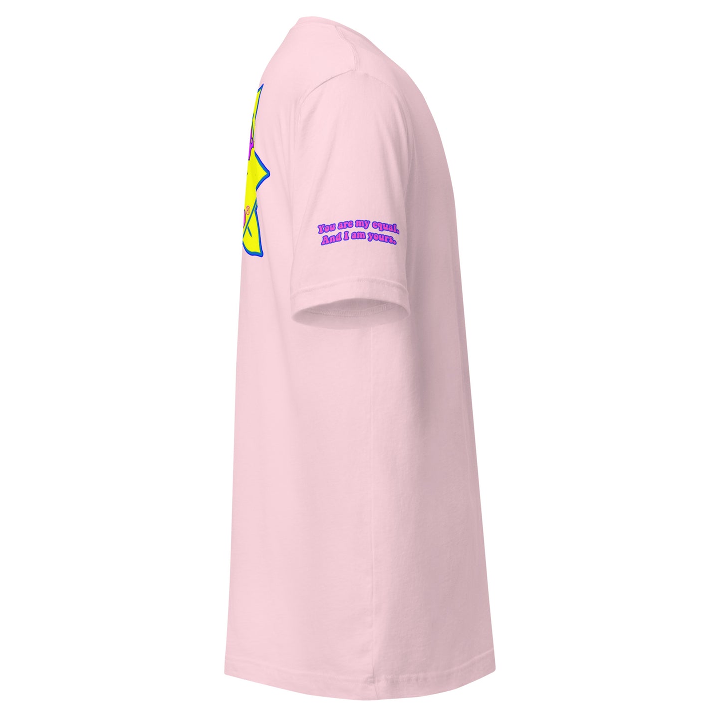 Temple of the Groovy Eye unisex t-shirt — Soft Pink, right side with Declaration of Truth sleeve detail