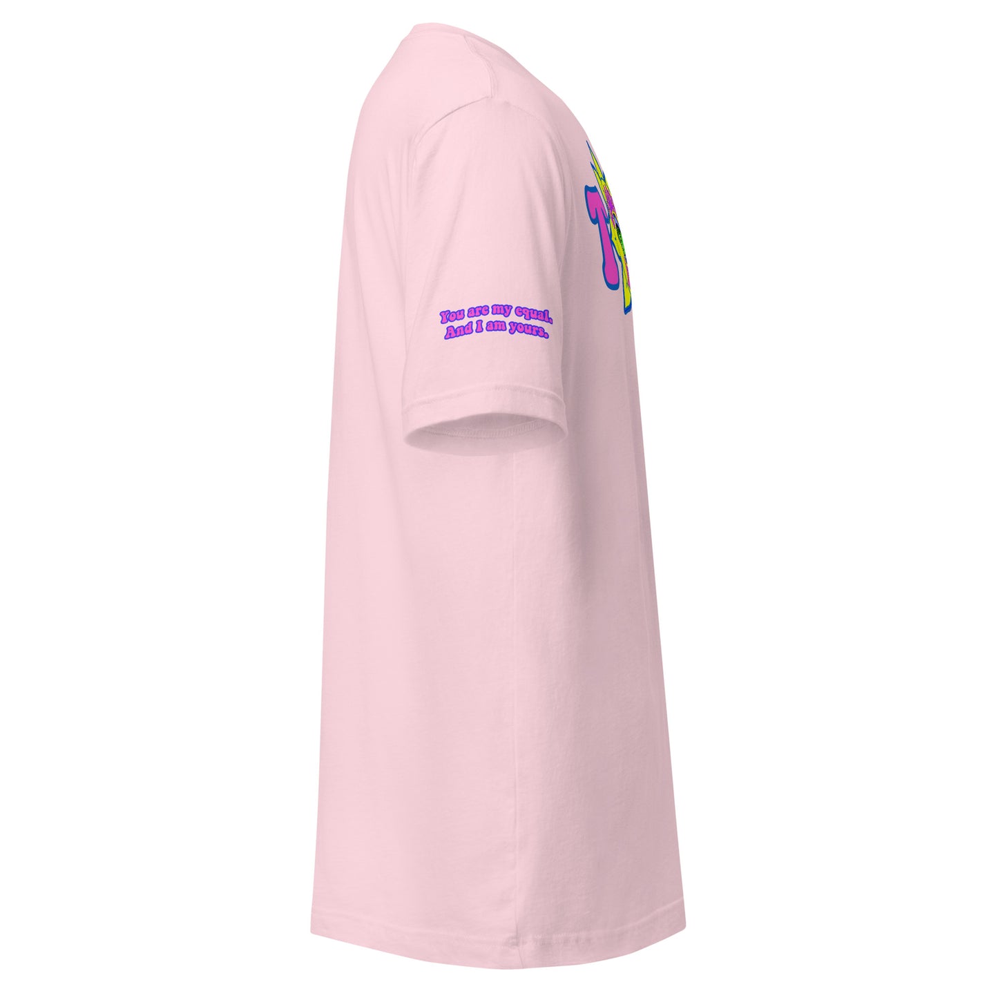 Big TOGE unisex t-shirt — Soft Pink, right side with Declaration of Truth sleeve detail