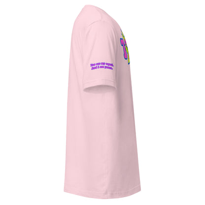 Big TOGE unisex t-shirt — Soft Pink, right side with Declaration of Truth sleeve detail