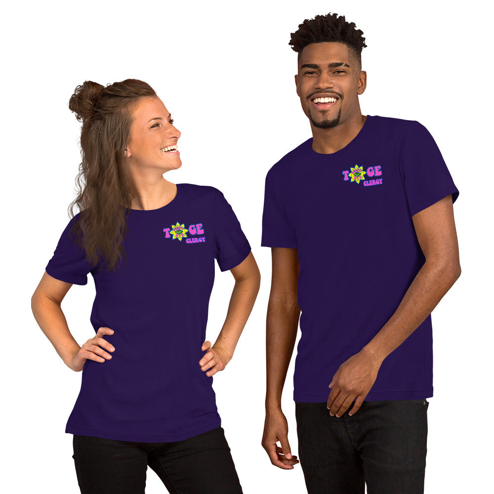 TOGE Clergy unisex t-shirt — Team Purple, modeled by man and woman couple