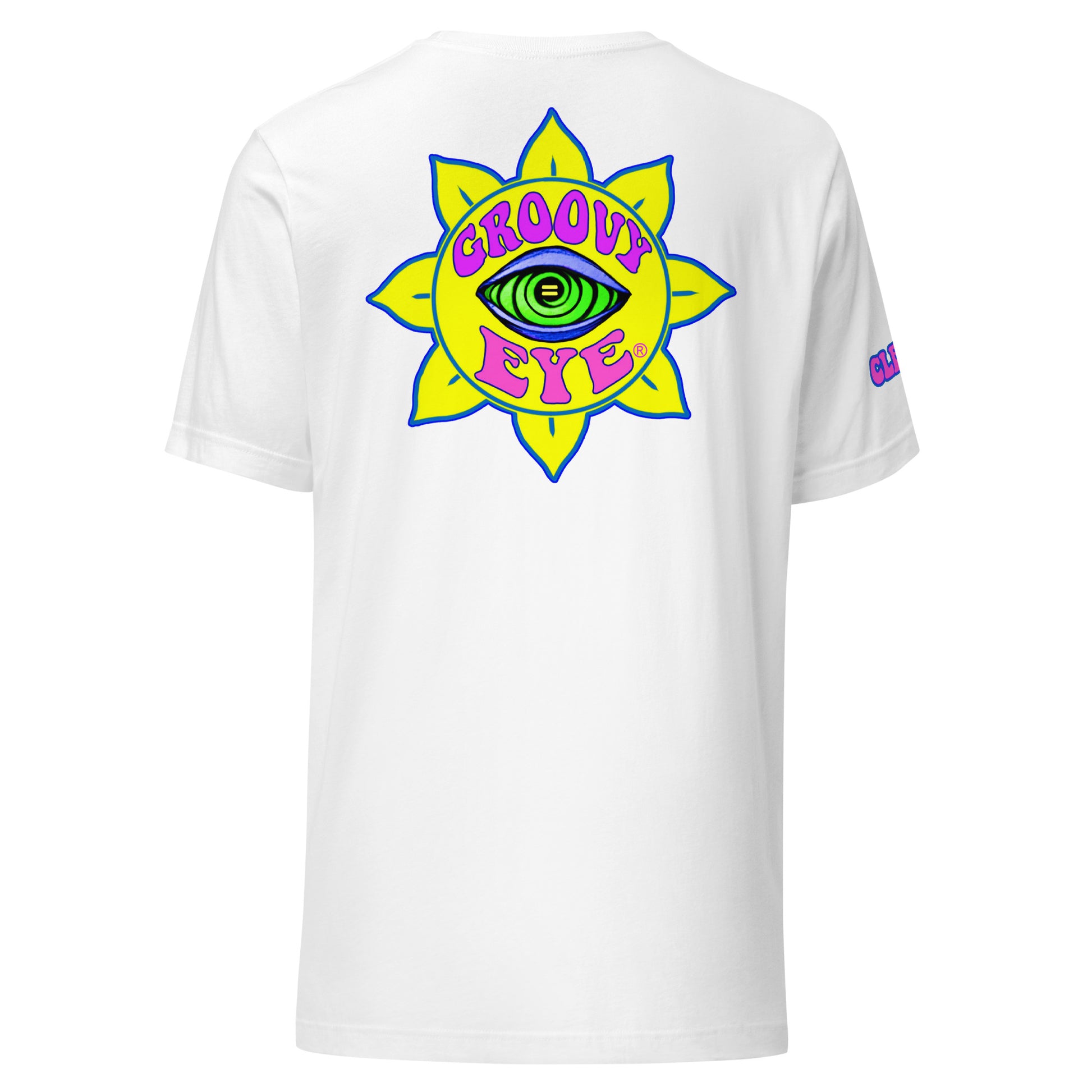 Temple of the Groovy Eye unisex t-shirt — White, back view with groovy art