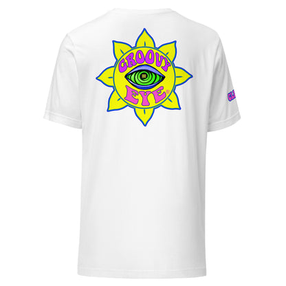Temple of the Groovy Eye unisex t-shirt — White, back view with groovy art