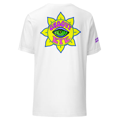 Temple of the Groovy Eye unisex t-shirt — White, back view with groovy art