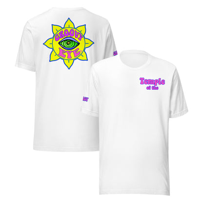 Temple of the Groovy Eye unisex t-shirt — White, front and back view