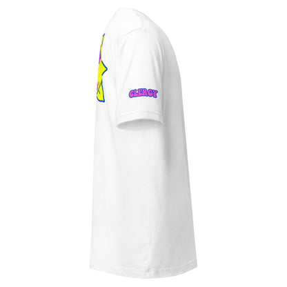Temple of the Groovy Eye unisex t-shirt — White, right side with clergy sleeve detail