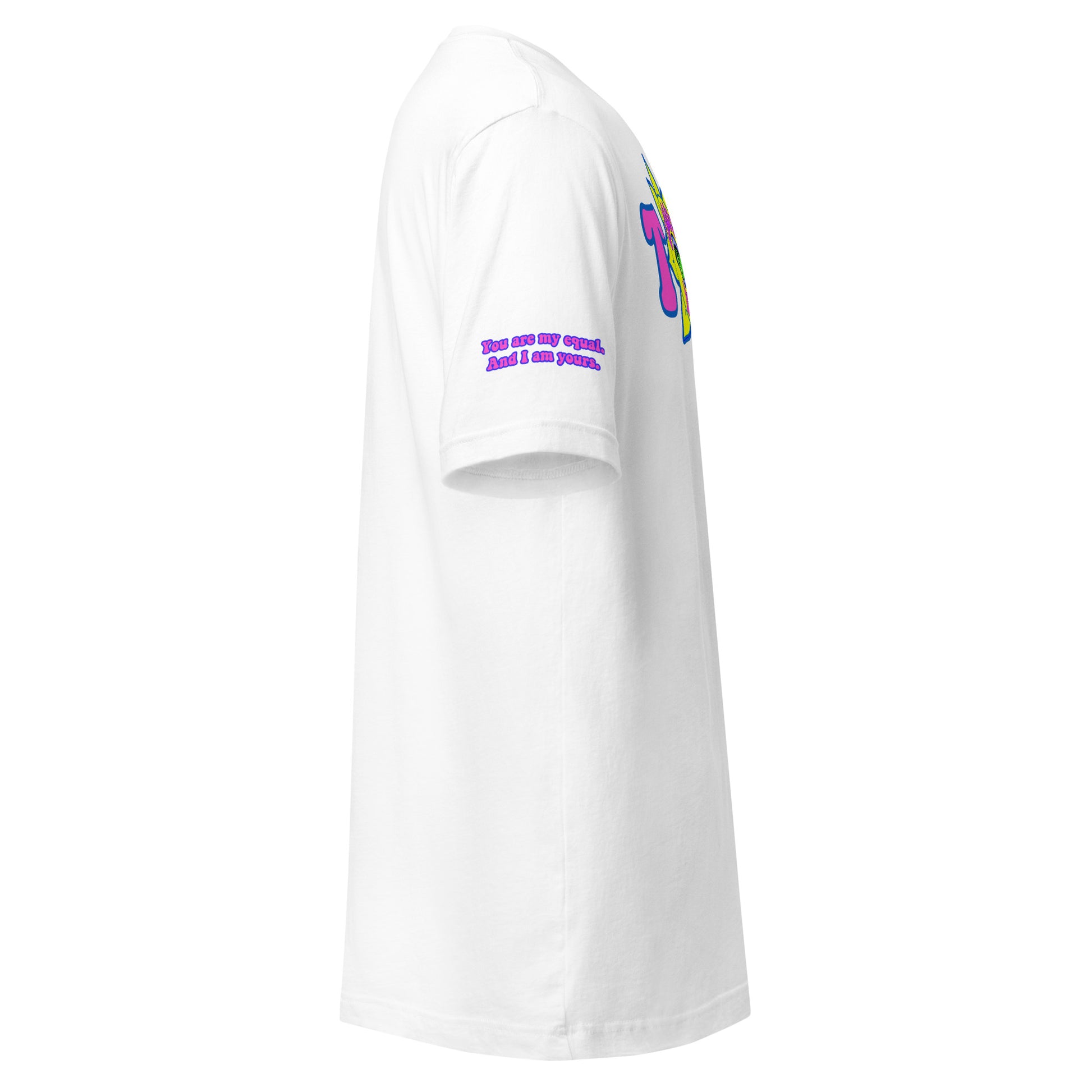 Big TOGE unisex t-shirt — White, right side with Declaration of Truth sleeve detail