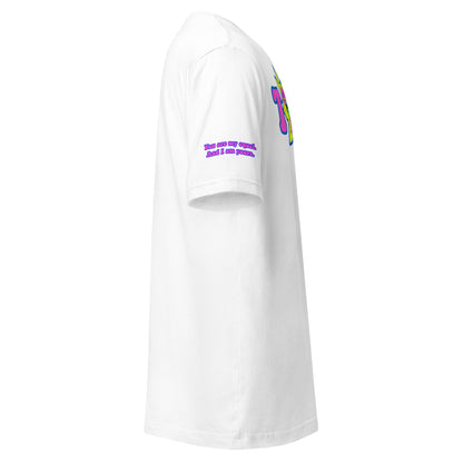 Big TOGE unisex t-shirt — White, right side with Declaration of Truth sleeve detail