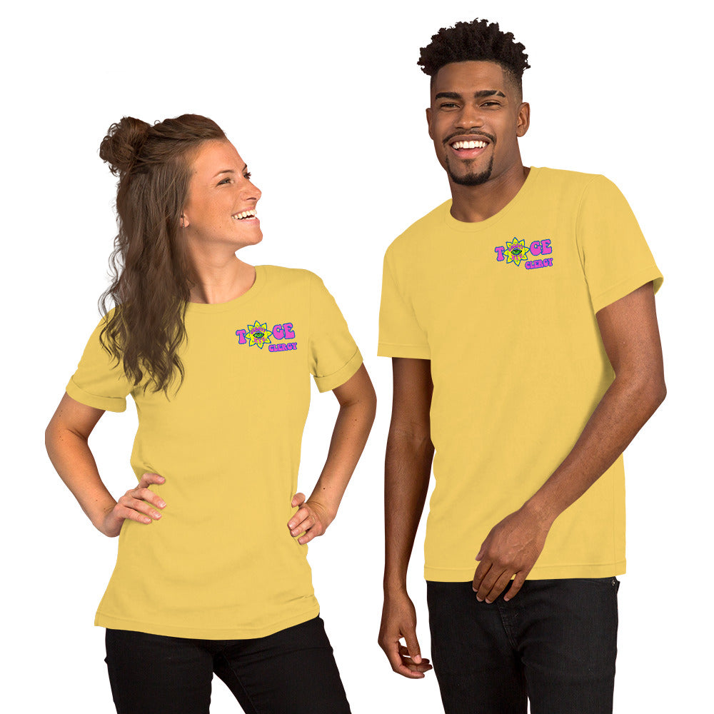 TOGE Clergy unisex t-shirt — Yellow, modeled by man and woman couple