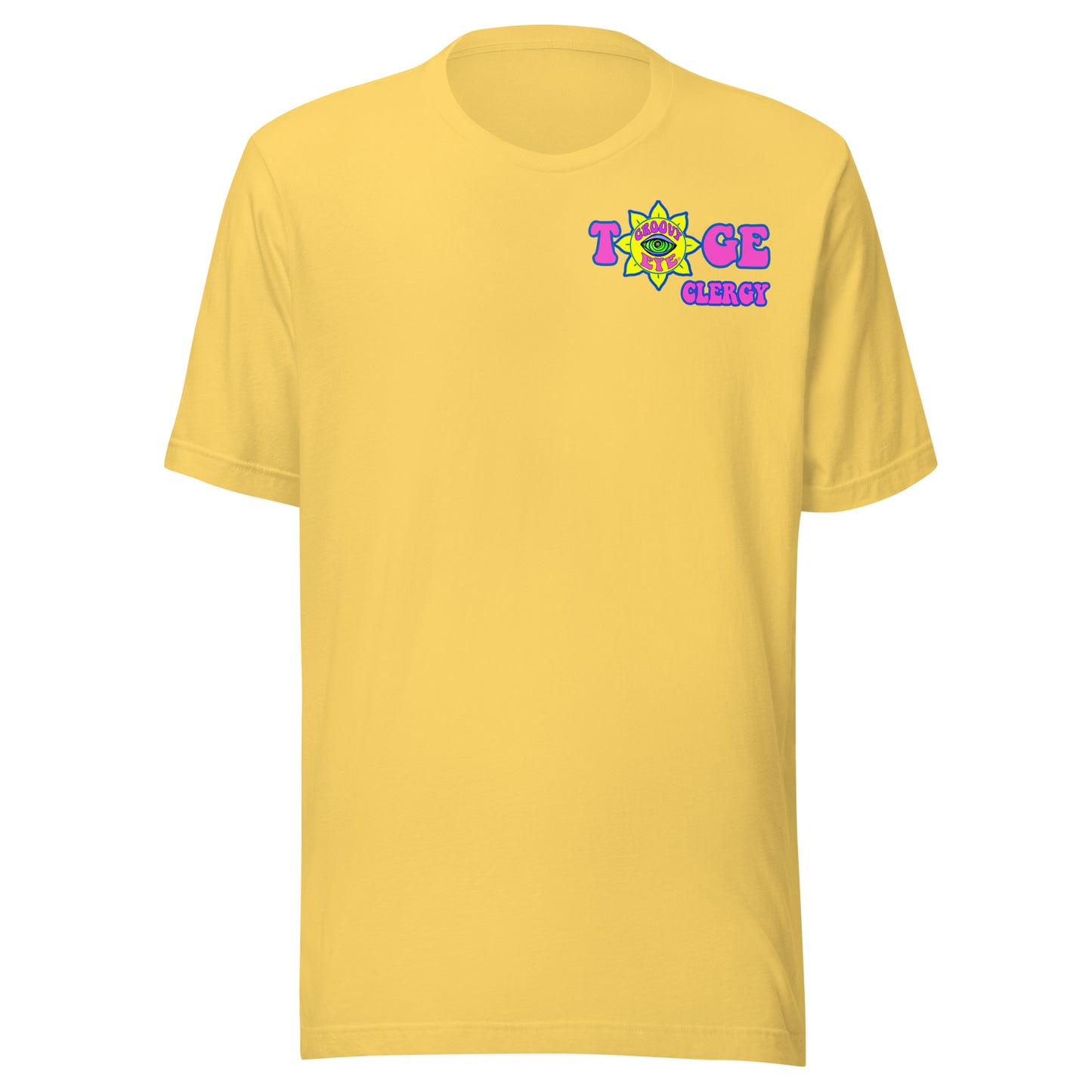 TOGE Clergy unisex t-shirt — Yellow, ghost mannequin front view